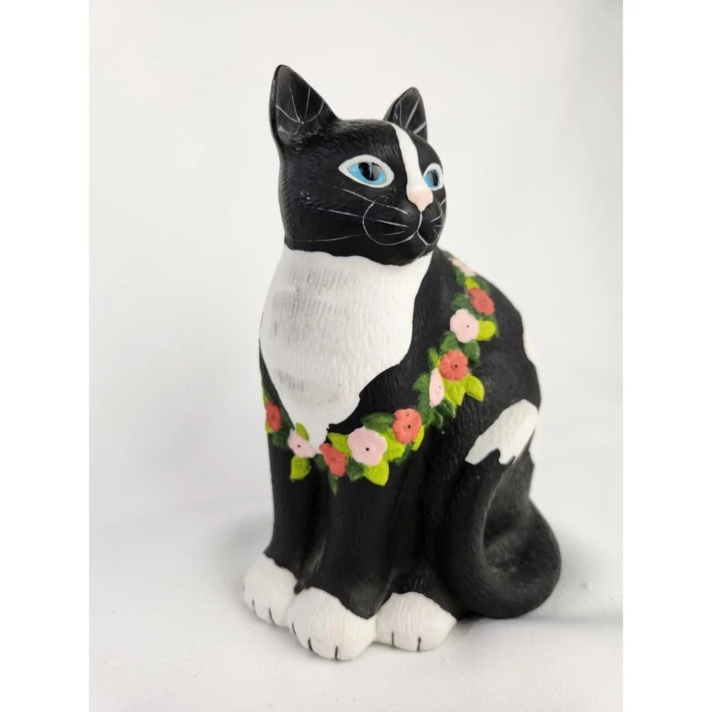 Vtg Mary Lake Thompson Black Cat Flowers Ceramic Silvestri Hawaiian Lei Gardener